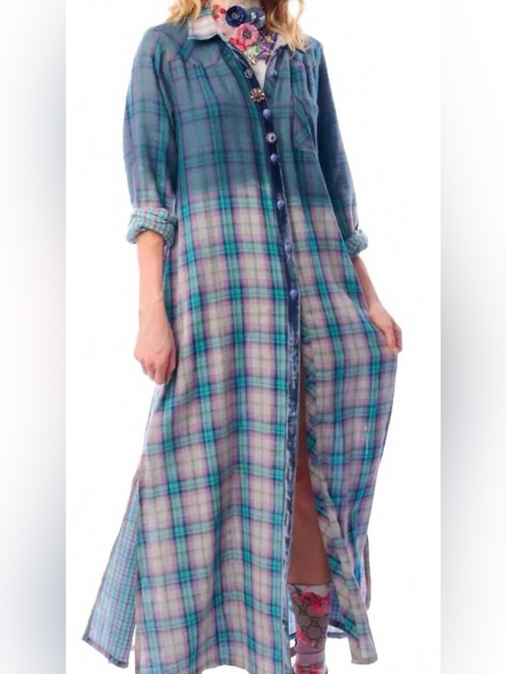 Aratta Kaitlin Button Shirt Teal Plaid 3/4 Sleeve Dress Size S Sku #89